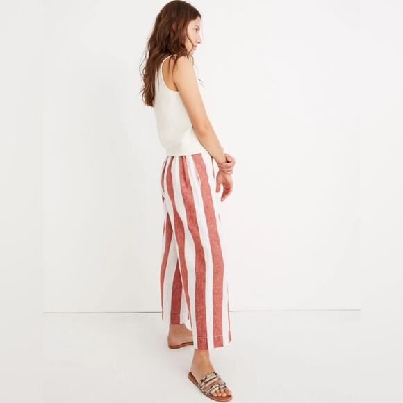 Madewell Huston Wide Leg Linen Crop Pants Red White Stripe Linen Pull-On Small - Picture 2 of 9